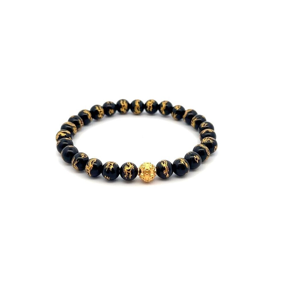 18K Gold Money Coin Ball Lucky Bracelet Gemstones Black Carved Onyx 6mm